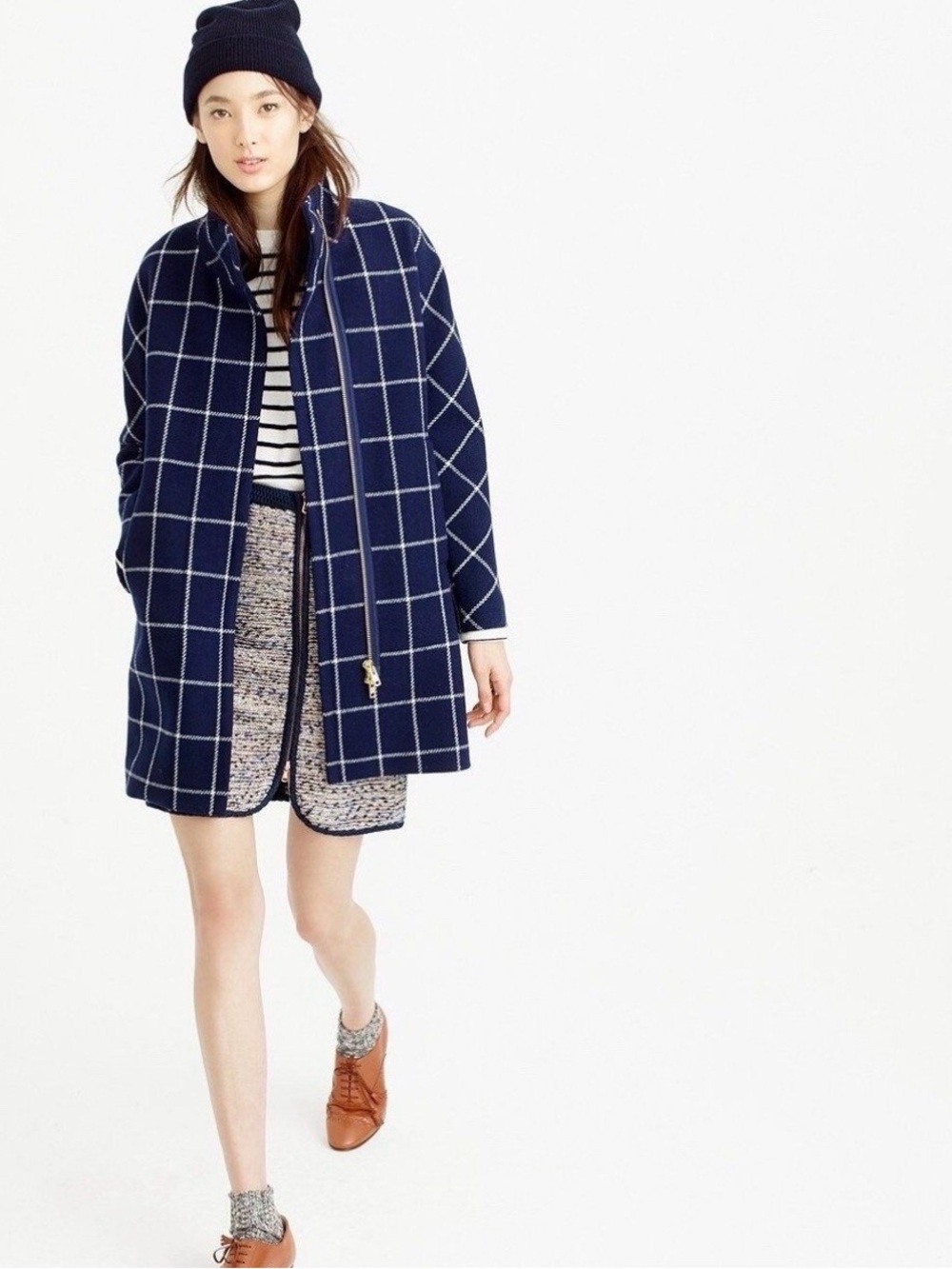 J. Crew Women's Navy Windowpane Wool-Blend Pea Coat